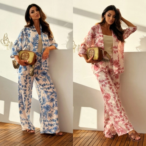 Conjunto de 2 Piezas Casual para Mujer Estampado Floral Top de Manga Tres Cuartos Y Pantalones de Pata Ancha