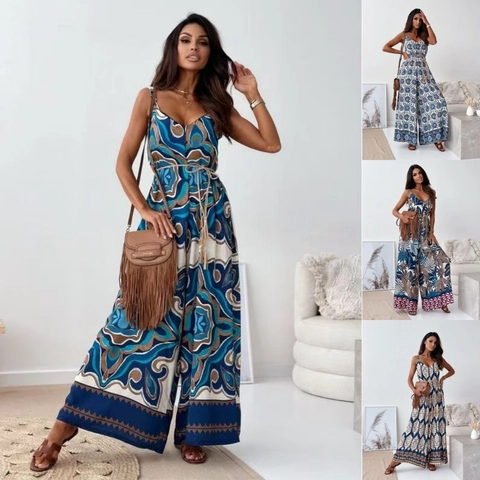 Women Sleeveless V-Neck Wide Leg Jumpsuit Bohemian Tropical Floral Paisley Print Resort Wear Romper With Belt