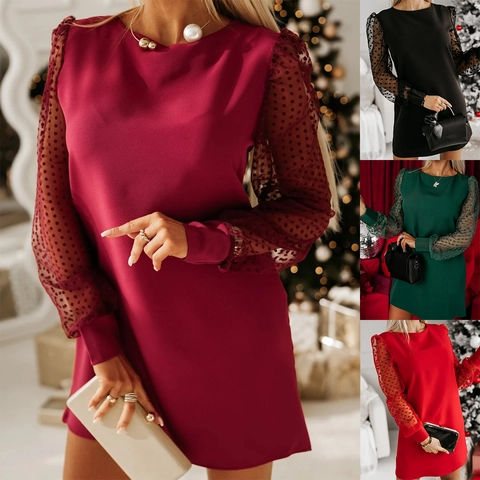 Women Round Neck Mini Dress Solid Color Mesh Patchwork Polka Dot Long Sleeve Elegant Christmas Party Bodycon Short Dress