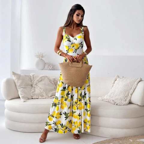 Damen Sommer Maxi-Kleid mit Zitronenmuster Spaghettiträger Ärmellos V-Ausschnitt Geschichtet Hoher Schlitz Rückenfrei Urlaub Strand Langes Kleid