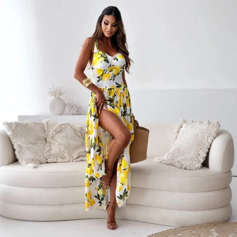 Damen Sommer Maxi-Kleid mit Zitronenmuster Spaghettiträger Ärmellos V-Ausschnitt Geschichtet Hoher Schlitz Rückenfrei Urlaub Strand Langes Kleid