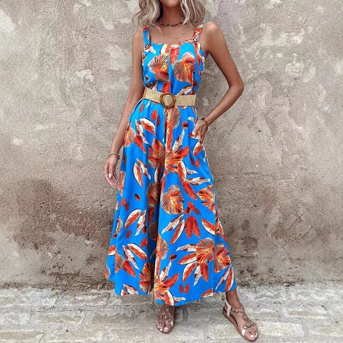 Damen Sommer Tropischer Blattdruck Weites Bein Jumpsuit Mit Gürtel Ärmellos Hohe Taille Eckiger Ausschnitt Urlaub Romper