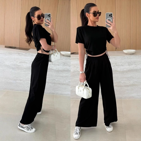 Women Casual Short Sleeve Round Neck Crop Top And High Waist Wide Leg Long Pants With Drawstring Solid Color Summer Clothing