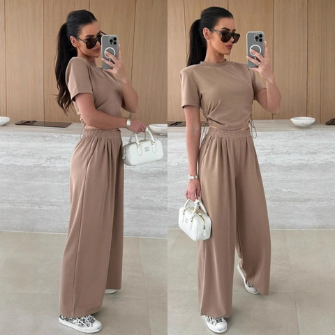 Women Casual Short Sleeve Round Neck Crop Top And High Waist Wide Leg Long Pants With Drawstring Solid Color Summer Clothing
