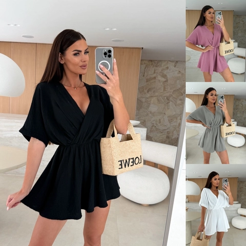 Women's V Neck Short Sleeve Romper Casual High Waist Solid Color Textured Jumpsuit Summer Fashion Beach Vacation One Piece Bodysuit