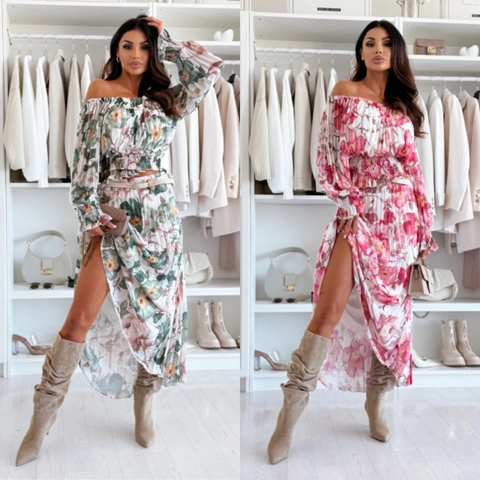 Completi Boho Donna Stampa Floreale Casual Spalle Scoperte Top Crop Manica a Lanterna E Gonna Lunga Con Spacco Alto Vacanza