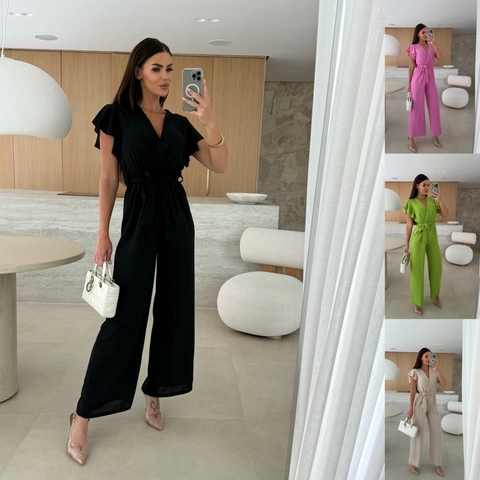 Women V Neck Ruffle Flutter Sleeve Tie Waist Jumpsuit Elegant Solid Color Wide Leg Pants Romper Casual Summer Office Outfit