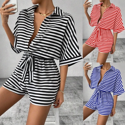 Damen Sommer Gestreifter Playsuit Umlegekragen Kurzarm Knopfleiste Vorne Taillenband Lässiger Jumpsuit Kurz V-Ausschnitt Mode