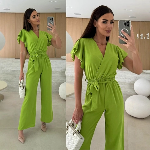 Women V Neck Ruffle Flutter Sleeve Tie Waist Jumpsuit Elegant Solid Color Wide Leg Pants Romper Casual Summer Office Outfit