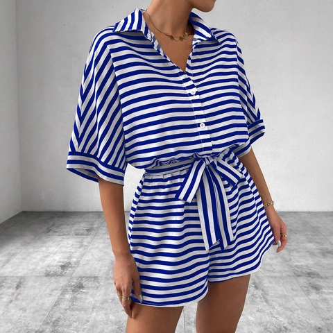 Damen Sommer Gestreifter Playsuit Umlegekragen Kurzarm Knopfleiste Vorne Taillenband Lässiger Jumpsuit Kurz V-Ausschnitt Mode