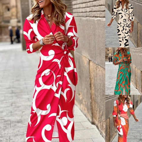 Dames Casual Abstracte Print Wikkel Maxi Jurk Met 3/4 Mouwen Overhemdkraag Elegant Vetersluiting Hoge Taille Split Streetwear Lange Jurk
