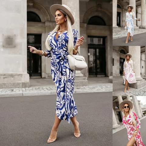 Damen V-Ausschnitt Wickelkleid Blumenmuster Maxikleid Langarm Schnürung Casual Sommer Urlaub Streetwear Swing Kleid