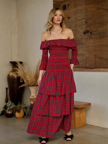 Women Christmas Plaid Off The Shoulder Maxi Dress Smocked Tiered Ruffle 3/4 Sleeve Red Tartan A-Line Long Dress Festive