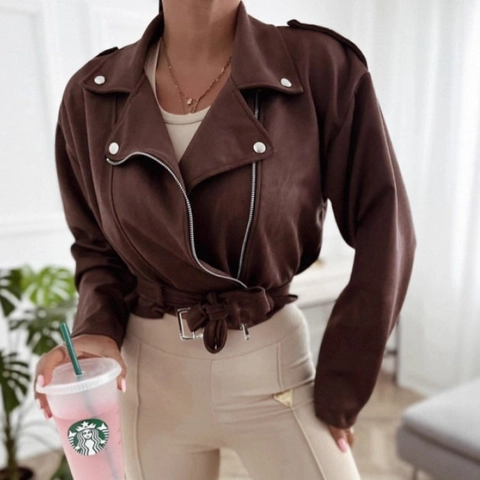 Chaqueta Motera de Antelina para Mujer Corta Corte Ajustado Solapa Cremallera Abrigo Con Cinturón Casual Otoño Moda