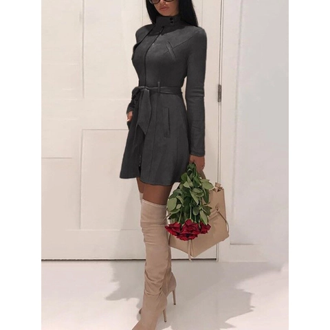 Gabardina de Gamuza Sintética Elegante para Mujer Ajustada con Cremallera Cuello Alto Manga Larga Cinturón de Lazo Chaqueta Casual de Color Sólido