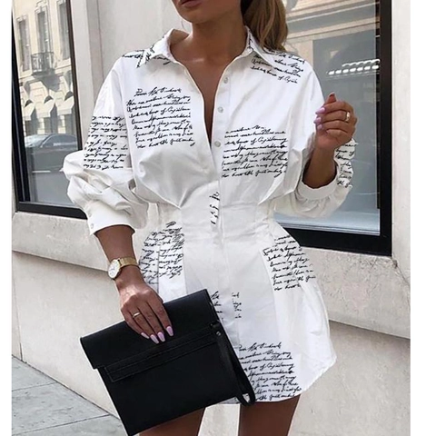 Damen Elegantes Hemdkleid mit Buchstabenprint Langarm Umlegekragen Tailliert Laternenärmel Casual Mini Hemdkleid