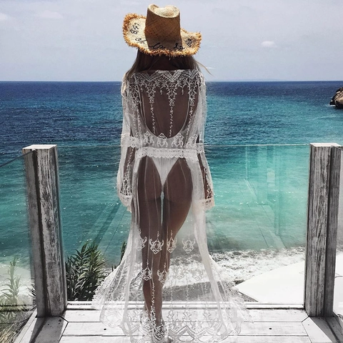 Women Summer Beach Crochet Lace Cover-up Long Sleeve Floral Hollow Out Sheer Sun Protection Bikini Cover Up Dress
