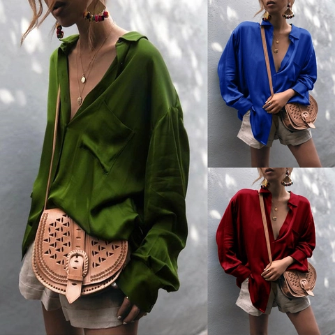 Dames Casual Satijnen Overhemd Lange Mouwen Revers Enkele Rij Knopen Losse Pasvorm Zak Effen Kleur Elegante Kantoor Blouse Top