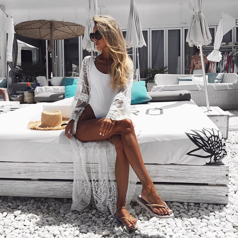 Women Summer Beach Crochet Lace Cover-up Long Sleeve Floral Hollow Out Sheer Sun Protection Bikini Cover Up Dress