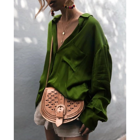Dames Casual Satijnen Overhemd Lange Mouwen Revers Enkele Rij Knopen Losse Pasvorm Zak Effen Kleur Elegante Kantoor Blouse Top