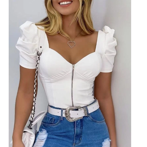 Top Donna Sexy Scollo a Cuore Maniche a Sbuffo Cerniera Frontale Vestibilità Slim Manica Corta Estate Tinta Unita Streetwear Elegante