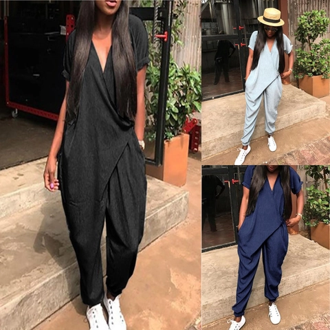 Women Casual V-Neck Short Sleeve Jumpsuit Wrap Front Loose Tapered Leg Harem Romper Pants With Pockets Polyester Cotton Blend