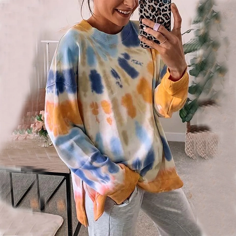 T-Shirt Décontracté à Manches Longues Tie-Dye pour Femmes Coupe Ample Col Rond Pull Avec Fente Latérale Mode Streetwear
