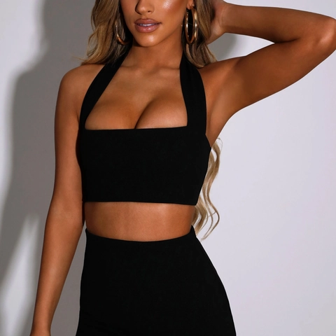 Women Sexy Halter Neck Top And Skirt Halter Neck Crop Top Back Zipper Solid Color Polyester Top And Skirt For Party Streetwear