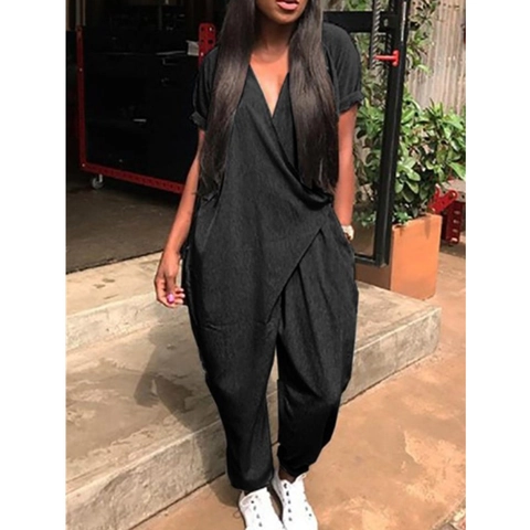Women Casual V-Neck Short Sleeve Jumpsuit Wrap Front Loose Tapered Leg Harem Romper Pants With Pockets Polyester Cotton Blend