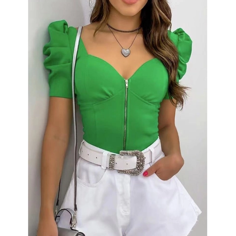 Top Donna Sexy Scollo a Cuore Maniche a Sbuffo Cerniera Frontale Vestibilità Slim Manica Corta Estate Tinta Unita Streetwear Elegante