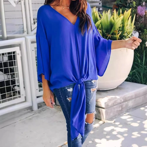 Women's Casual V-Neck Chiffon Blouse Loose Sexy Tie Knot Front Batwing Sleeve Solid Color Summer Beach Fashion Top Shirt