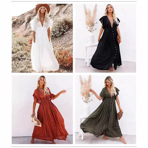 Women Bohemian V Neck Ruffle Sleeve Maxi Dress Button Down Drawstring Waist Pleated Summer Beach Vacation Long Dress