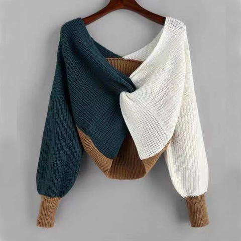 Pull en Maille Femme Sexy Blocs de Couleur Avant Torsadé Col en V Manches Longues Pull-over Ample Streetwear Haut en Maille