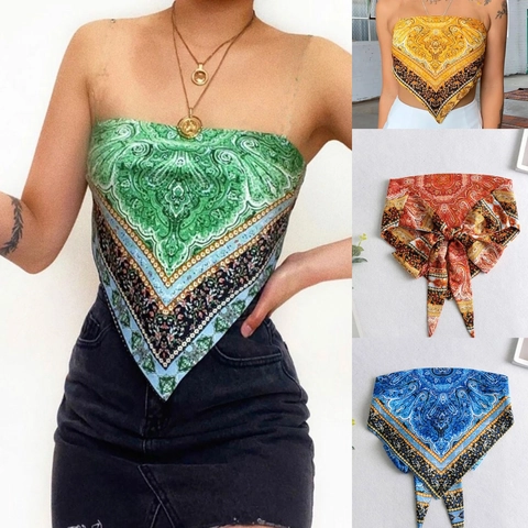 Women's Boho Paisley Print Satin Bandana Top Sexy Strapless Off Shoulder Back Tie Triangular Hem Crop Tube Top For Summer Party
