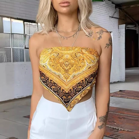 Women's Boho Paisley Print Satin Bandana Top Sexy Strapless Off Shoulder Back Tie Triangular Hem Crop Tube Top For Summer Party