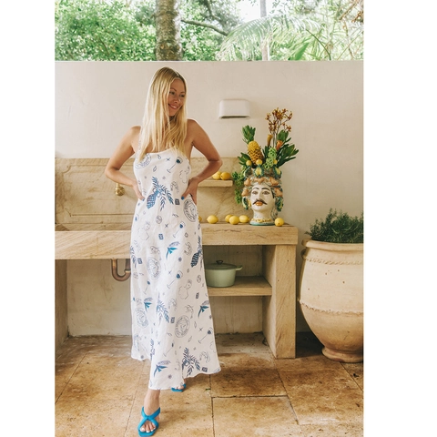 Women Summer Vacation Spaghetti Strap Maxi Dress Artistic Blue Hand-painted Print Backless A-Line Long Dress For Beach Party
