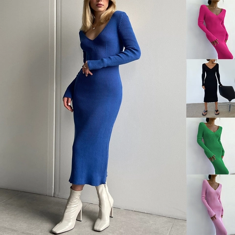 Abito Maxi da Donna con Scollo a V Vestibilità Slim Manica Lunga in Maglia a Costine Sexy Tinta Unita Bodycon Abiti Lunghi per Festa