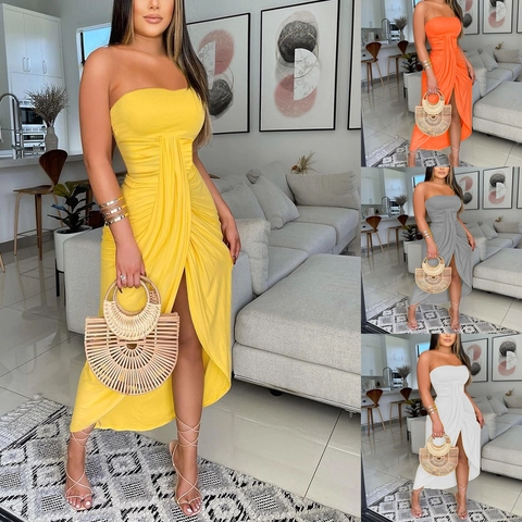 Women's Sexy Strapless Ruched Maxi Dress High Slit Solid Color Slim Fit Bodycon Summer Party Vacation Beach Long Dress