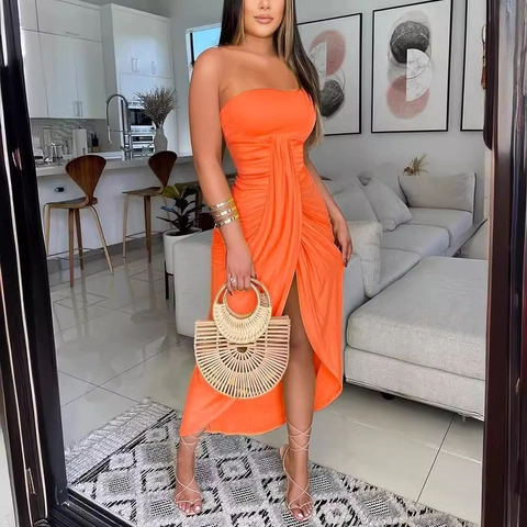 Women's Sexy Strapless Ruched Maxi Dress High Slit Solid Color Slim Fit Bodycon Summer Party Vacation Beach Long Dress