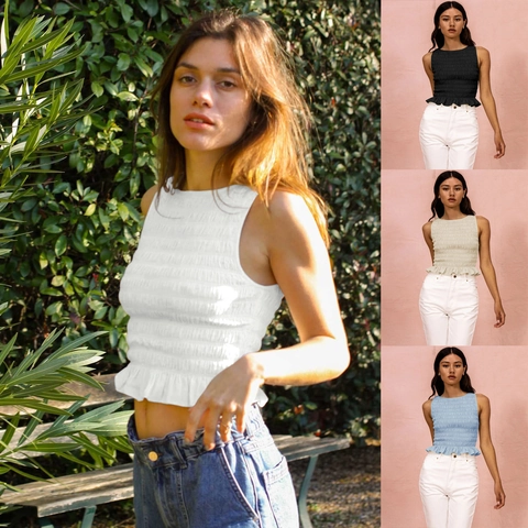 Women's Sexy Smocked Sleeveless Top High Elastic Ruffle Hem Round Neck Slim Fit Casual Summer Vest Solid Color Tank Top