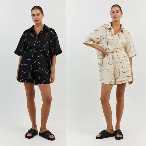 Completo Due Pezzi da Donna in Cotone e Lino Pantaloncini Camicia con Bottoni e Pantaloncini Larghi Stampa Astratta Estate