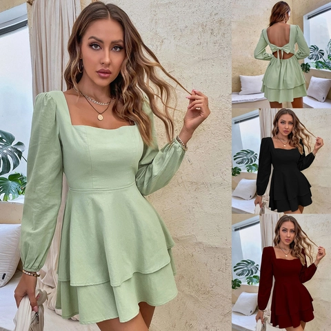 French Retro Square Neck Puff Sleeve Open Back Mini Dress Tiered Cake Skirt Solid Color Bow Tie Summer Party Dress Women