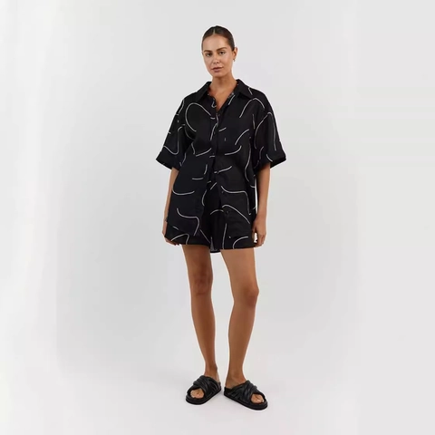 Completo Due Pezzi da Donna in Cotone e Lino Pantaloncini Camicia con Bottoni e Pantaloncini Larghi Stampa Astratta Estate