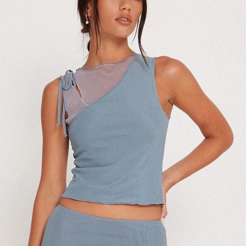 Damen Sexy Netz-Patchwork Ärmellos Crop Top Fake Zwei-Teiler Asymmetrischer Hals Bindeschulter Slim Fit Sommer T-Shirt