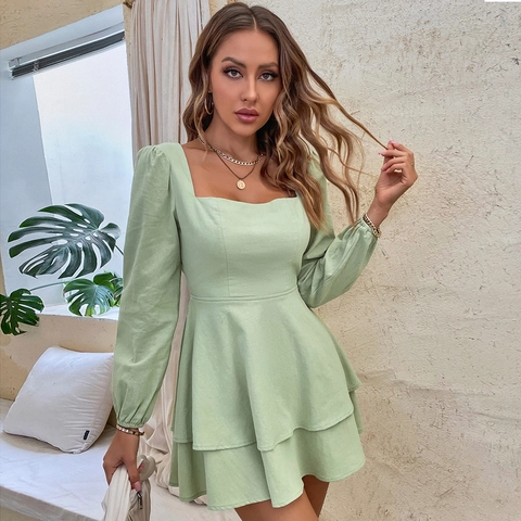 French Retro Square Neck Puff Sleeve Open Back Mini Dress Tiered Cake Skirt Solid Color Bow Tie Summer Party Dress Women