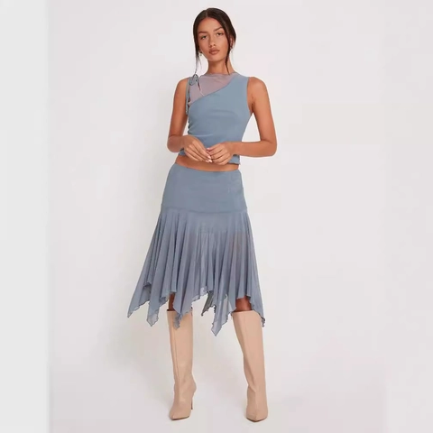 Dames Casual Mouwloze Top En Asymmetrische Mesh Midi Rok Set Blauw Grijs Mode Zomer Streetwear Outfits