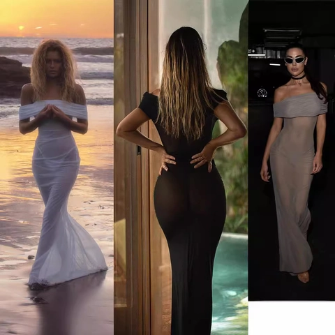 Women's Sexy Off-shoulder Mesh Sheer Maxi Dress Elegant Slim Fit Bodycon Floor Length Solid Color Beach Party Dress