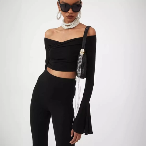 Sexy Damen Schulterfrei Glockenärmel Crop Top Gerafft Langarm Schwarz Slim Fit Modisches Party Club Oberteil