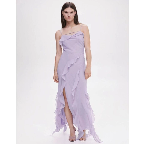 Elegantes Lavendel Chiffon Cami Maxi Kleid Rüschensaum Hoher Schlitz Rückenfrei Sexy Party Abend Formelles Hochzeitsgast Langes Kleid