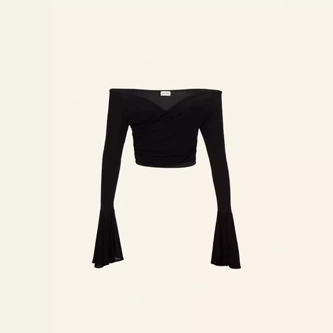 Sexy Damen Schulterfrei Glockenärmel Crop Top Gerafft Langarm Schwarz Slim Fit Modisches Party Club Oberteil